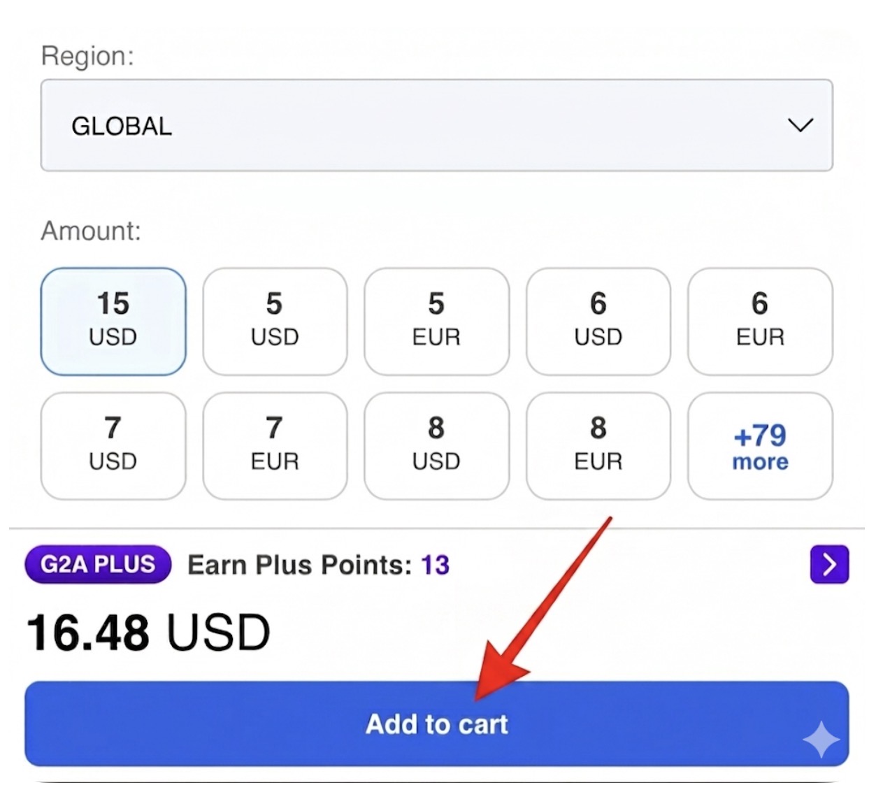 Payment step example showing the +79 more option and Add to cart button